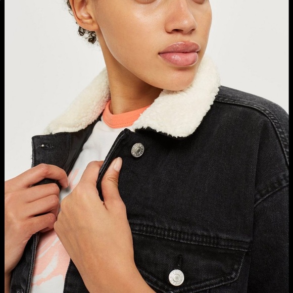 MOTO Cropped Borg Denim Jacket - Picture 3 of 8